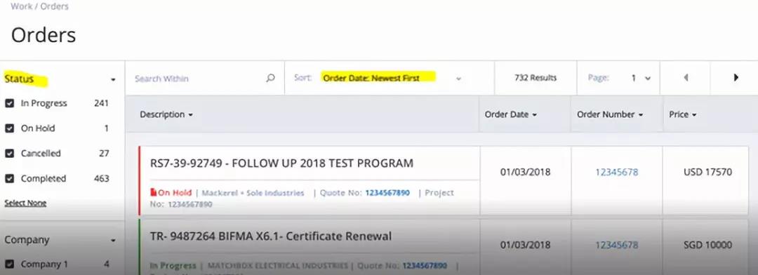 进入订单界面，您可以通过 “Status” 或 “Order Date” 举行筛选